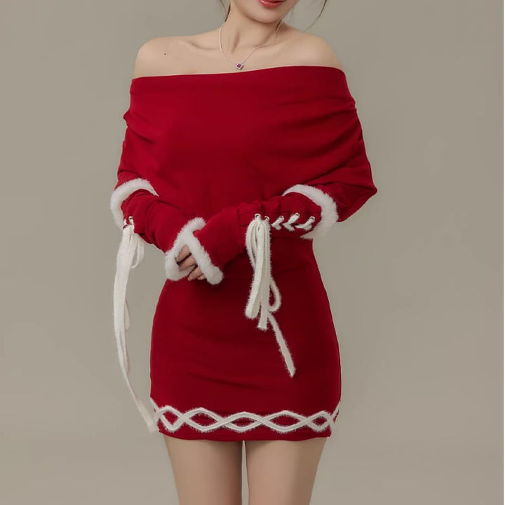 【dress】ファー付きオフショルダーニットワンピース Q7730