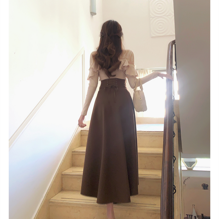 【set】レースフリルニットトップス×ロングスカートセット    N3477