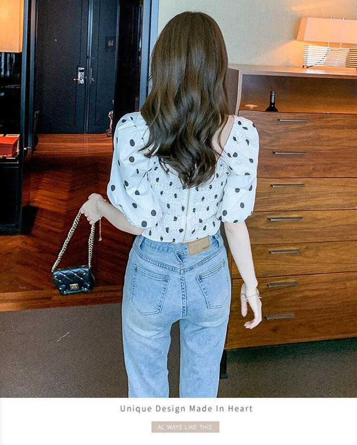【tops】好感度UPスウィートパフスリーブドット柄トップス　M17298