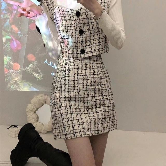 【set】ツイードトップス×ミニスカートセット　N2050