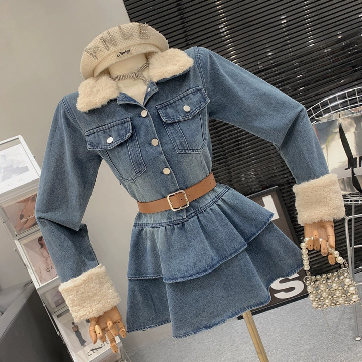 【dress】ファー付きデニムワンピース 　N2168