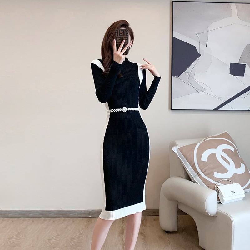 【dress】配色切り替えニットワンピースベルト付き　M17676