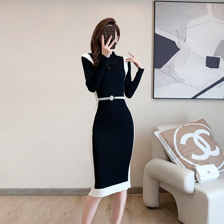 【dress】配色切り替えニットワンピースベルト付き　M17676