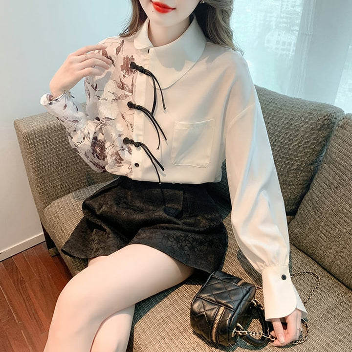 【tops】プリントドッキングシャツトップス　M18287