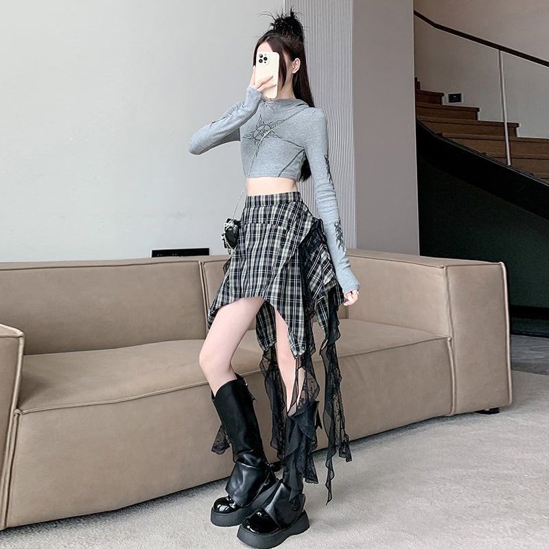 【bottoms】不規則 イレギュラーチェック柄スカート　M24411