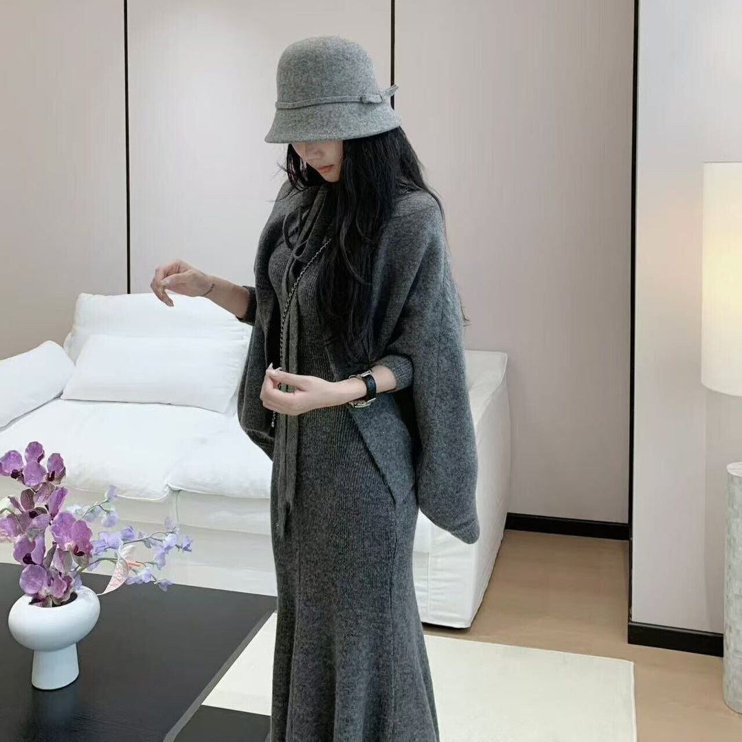 【set】ニットケープカーディガン×マーメイドワンピースセット　N3431