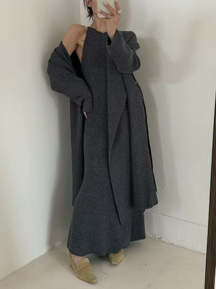 【set】ロングカーディガン×ハイネックホルダーワンピースセット Q7227