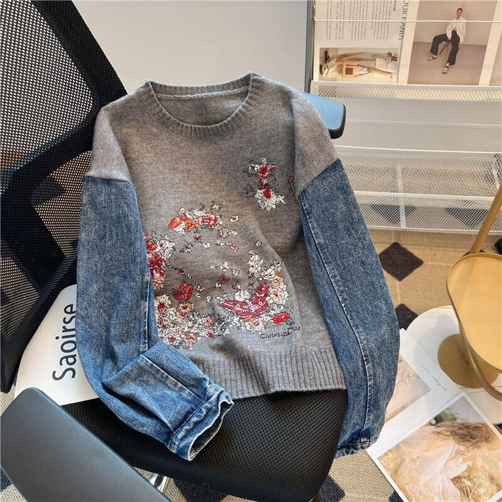 【tops】刺繍デニム切り替えニットセーター　M17706