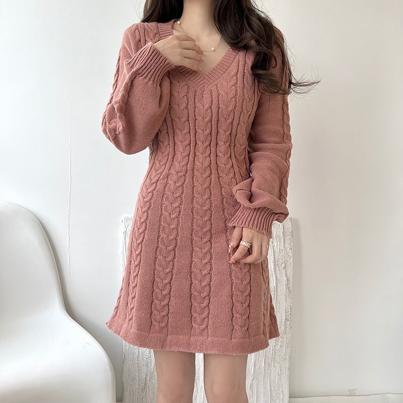 【dress】Vネック無地ニットワンピース　M17948