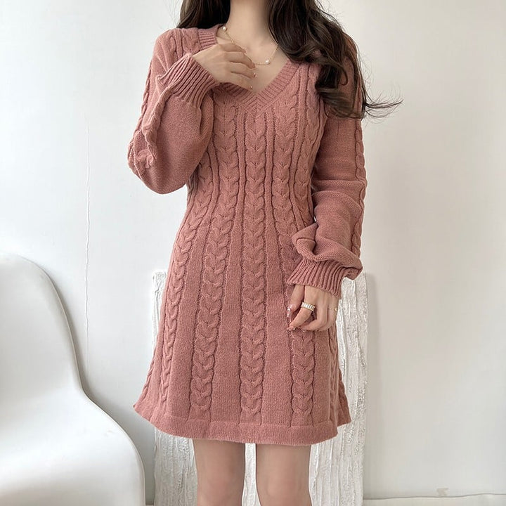 【dress】Vネック無地ニットワンピース　M17948