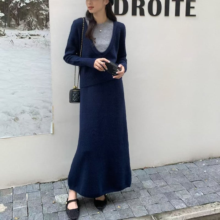 【set】フェイクレイヤードニットトップス×ロングスカートセット Q7168