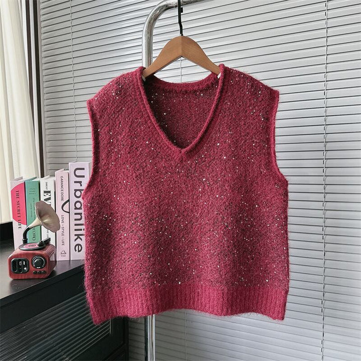 【tops】スパンコールニットベスト　M29540