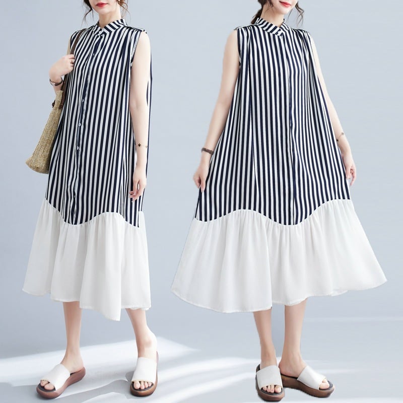 【dress】韓国系ストライプ柄ノースリーブワンピース　M16946