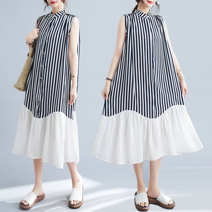 【dress】韓国系ストライプ柄ノースリーブワンピース　M16946
