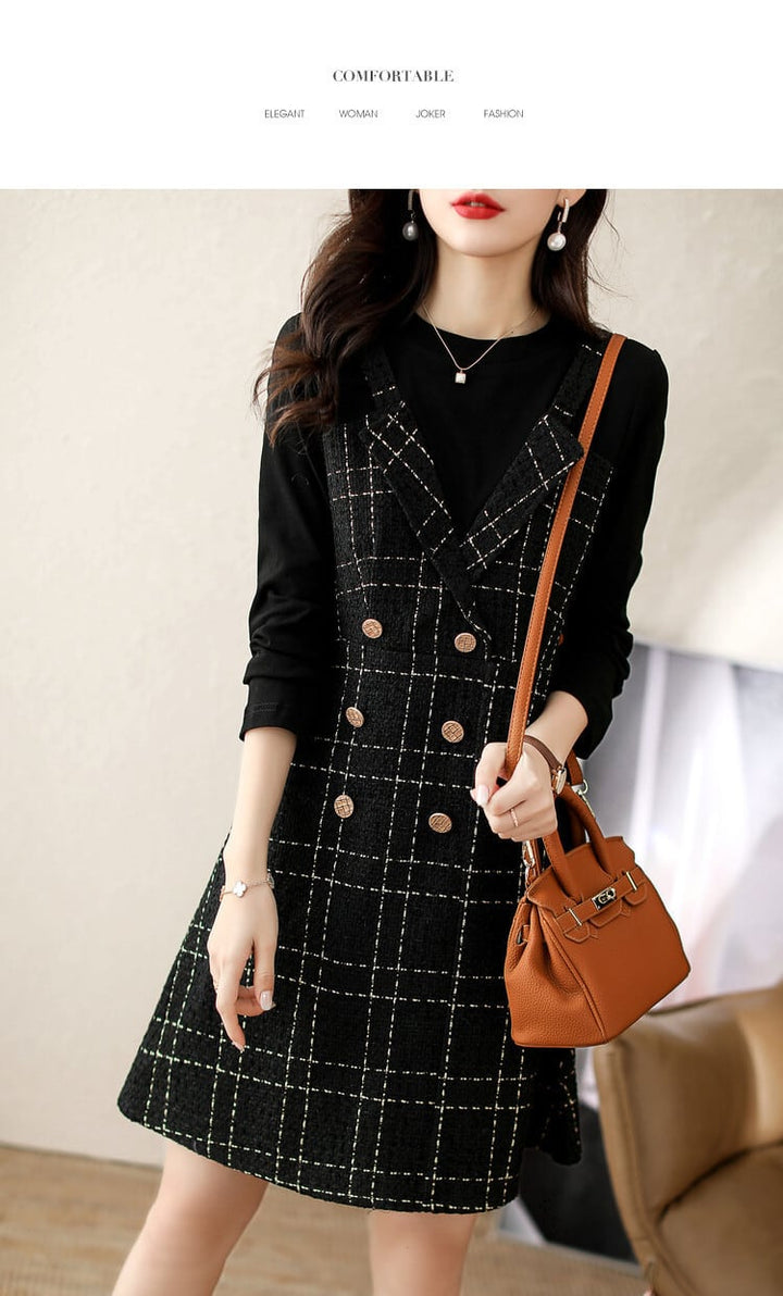【dress】切り替えボタンデザインチェック柄ワンピース　M17688