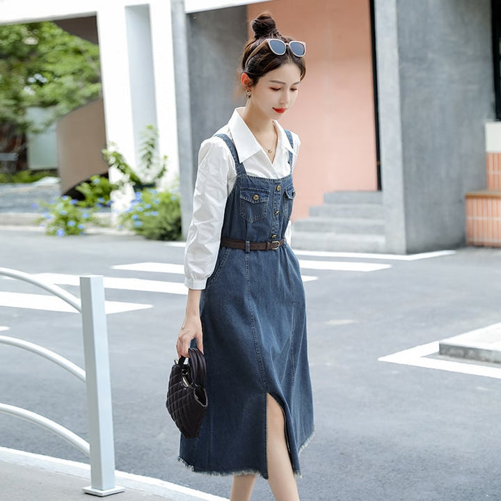 【set】シャツ×デニムサロペットワンピースベルト付きセット　M17837