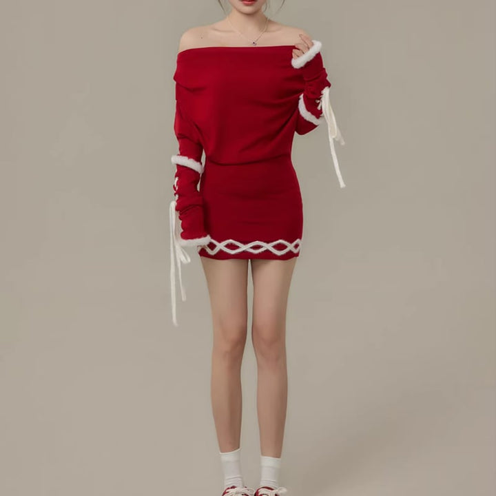 【dress】ファー付きオフショルダーニットワンピース Q7730