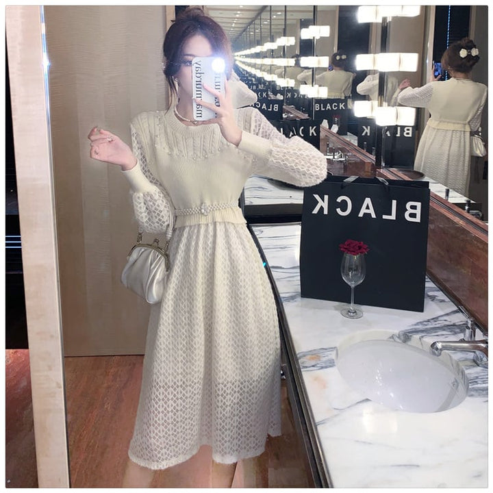 【dress】レースドッキングニットワンピース　M18431