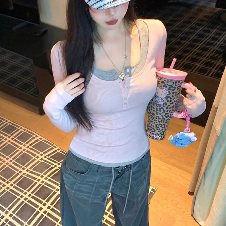 【tops】フェイクレイヤードニットトップス Q8013
