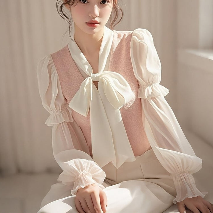 【tops】ドッキングリボン付きブラウス　M29598