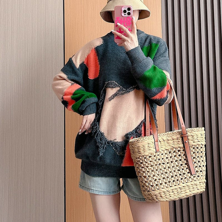 【tops】クルーネック切り替えニットセーター　M18105