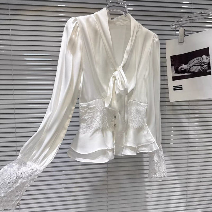 【tops】Vネックレースドッキングシャツ Q8103