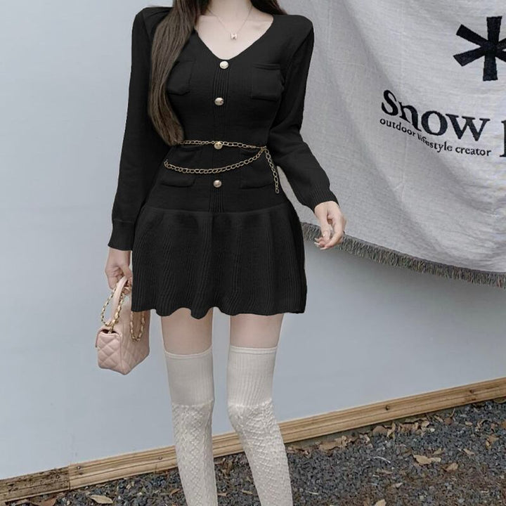 【dress】Vネックフレアニットワンピース Q7515