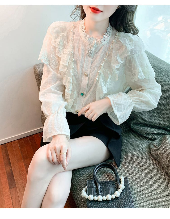 【tops】エレガントレース切り替えシャツトップス　M17378
