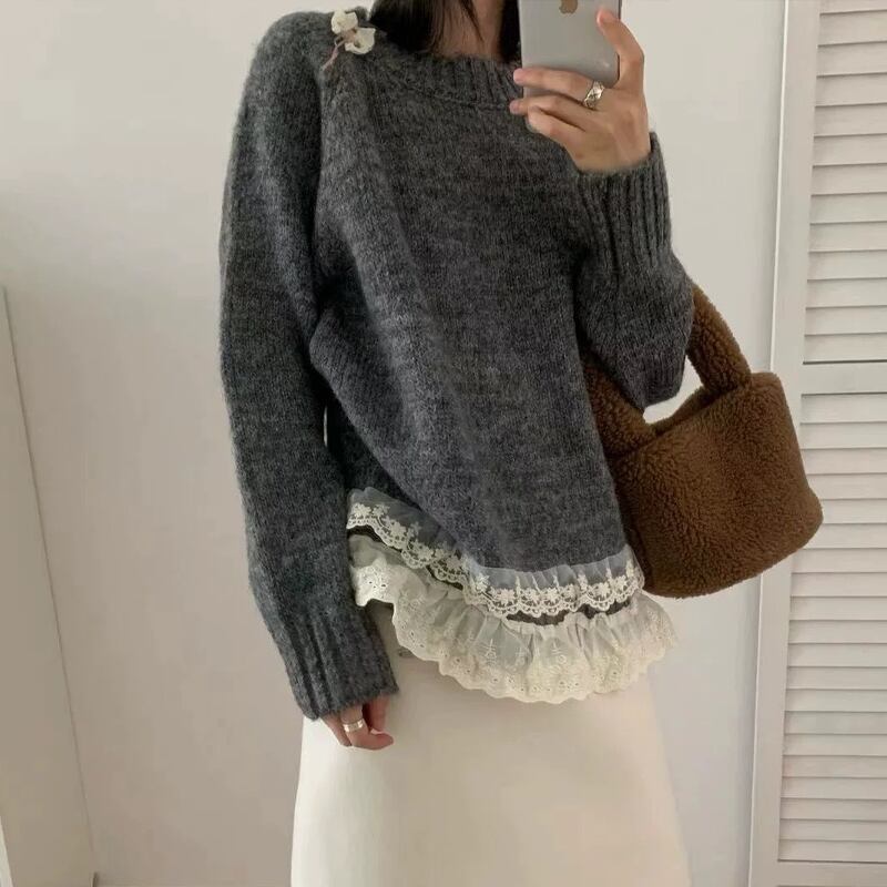 【tops】レースドッキングニットトップス Q7775