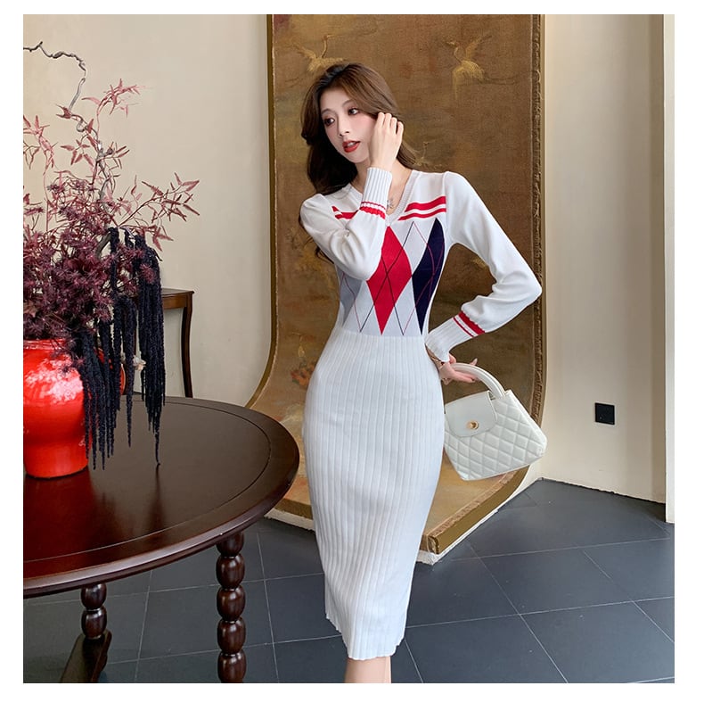 【dress】Vネックニットワンピース　M26546