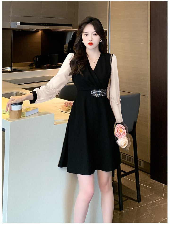 【dress】目立つ！パフスリーブエレガントデートワンピース　M17482