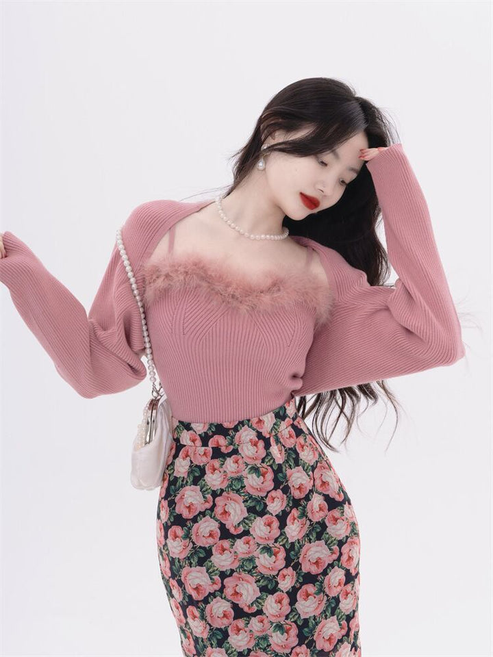 【tops】フェイクファーキャミソール×カーディガンセット　N2128
