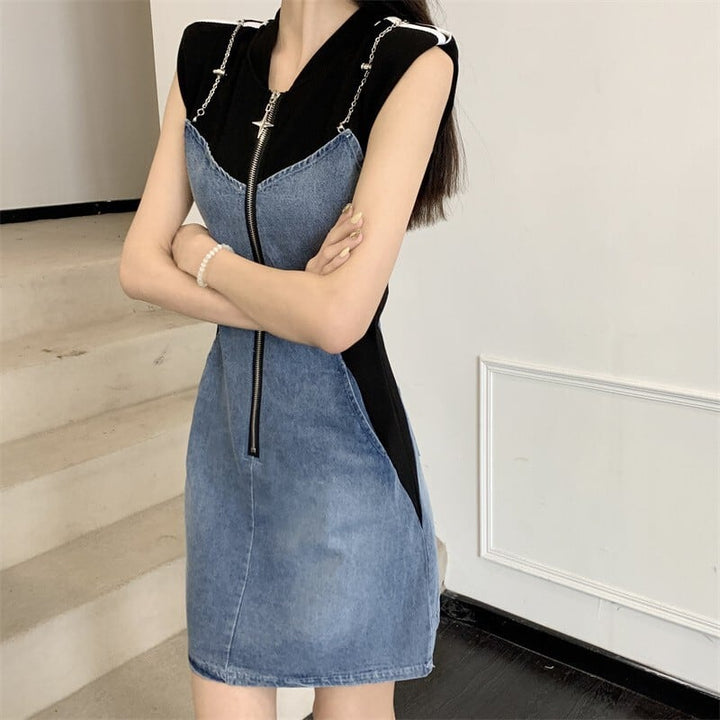 【dress】韓国系ファッション切り替えデニムワンピース　M17278