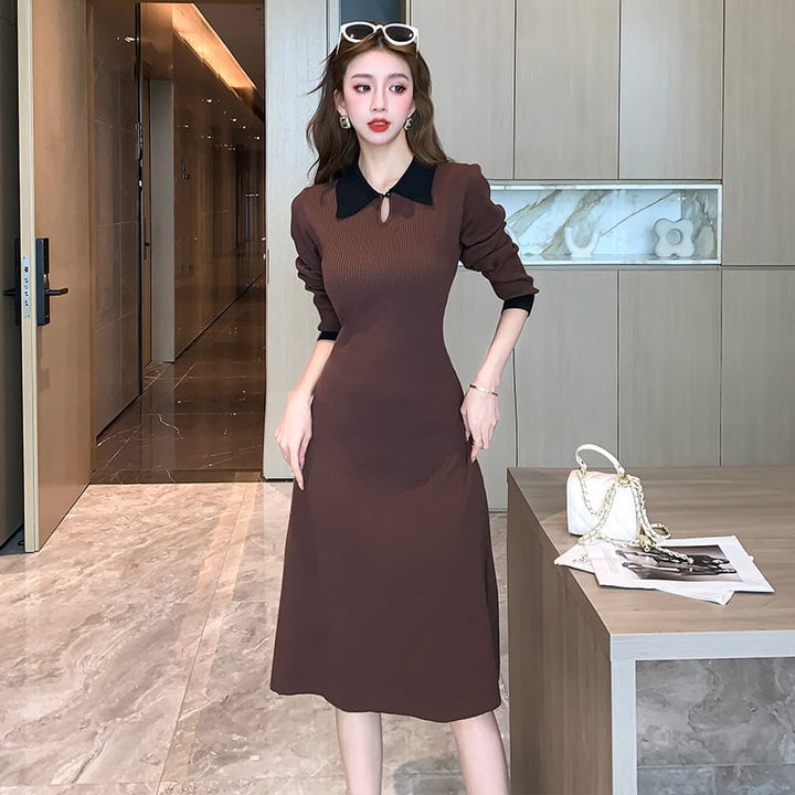 【dress】折り襟ニットワンピース　M19059