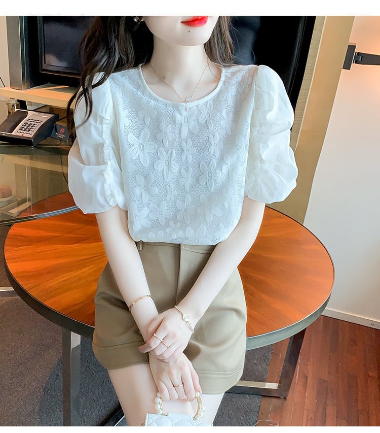 【tops】パフスリーブジャカードカットワークトップス　M17126