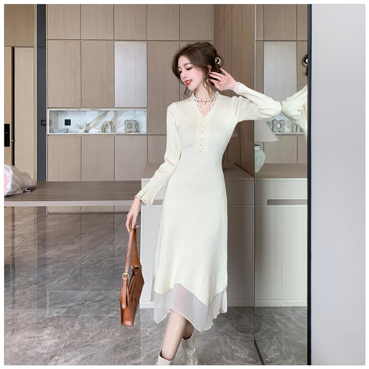 【dress】Vネックニットワンピース　M18320