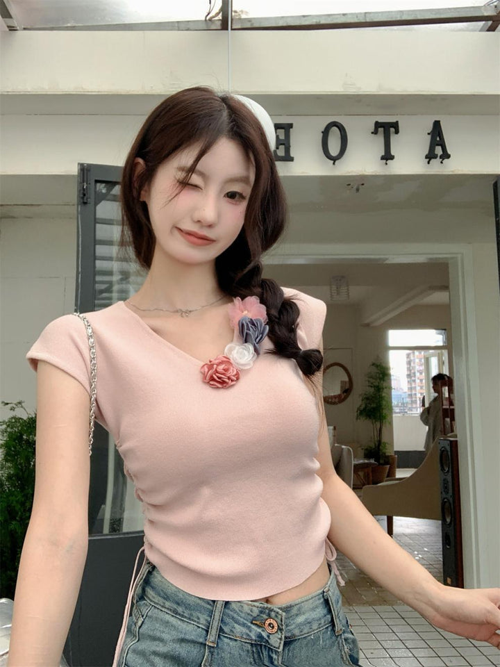 【tops】立体フラワーニットTシャツ　M24271