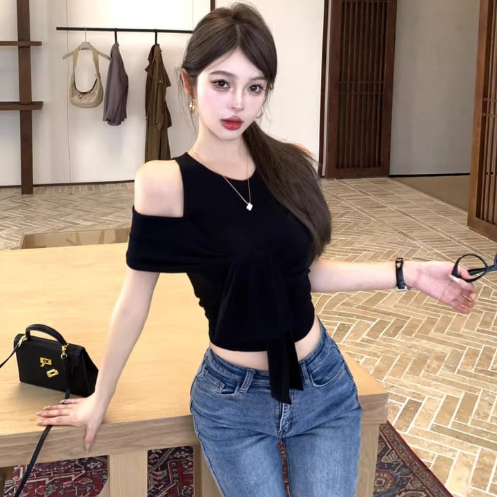 【tops】オープンショルダーフェイクレイヤードトップス Q8296