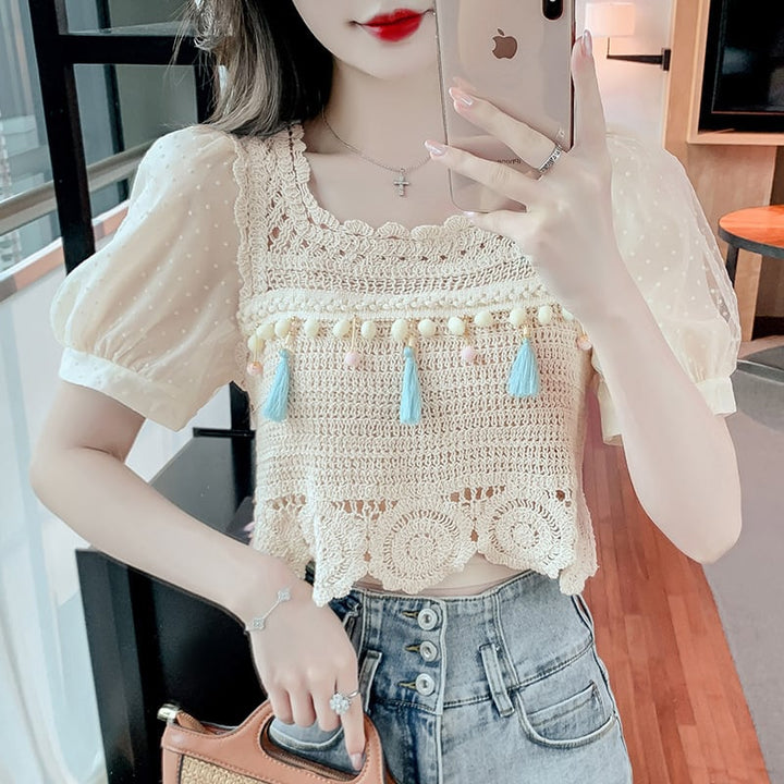 【tops】柔らかくて優しい印象カットワークニットトップス　M17061