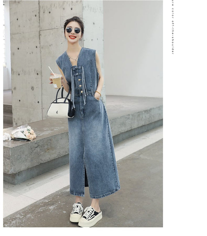 【dress】絶対流行ファッションノースリーブデニムワンピース　M16834
