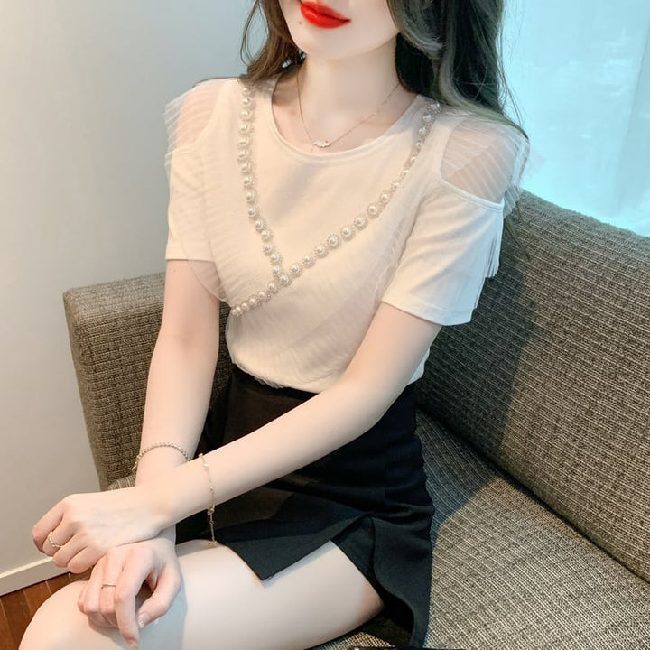 【tops】好感度UP 切り替えオフショルダーTシャツトップス　M16841