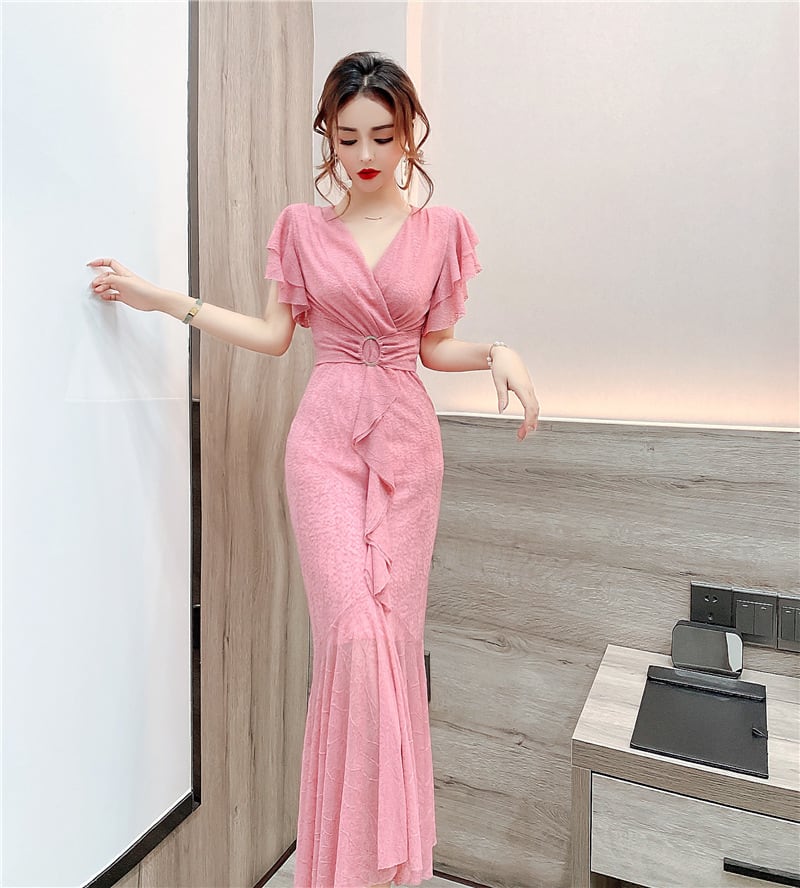 【dress】美人度アップVネックマーメイドワンピース　M17020