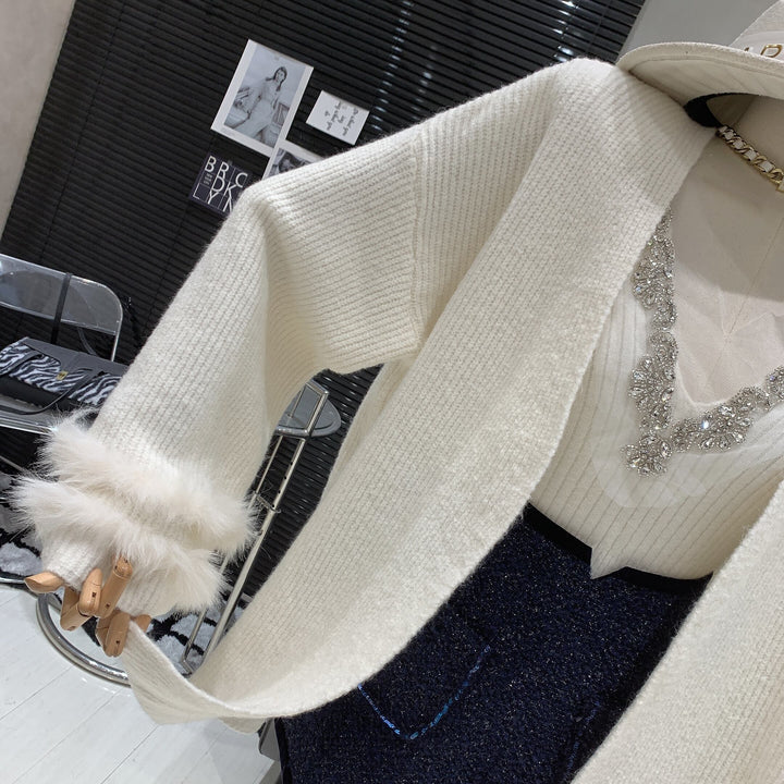 【set】袖ファーカーディガン×ビジュー付きタンクトップニットセット　N2925