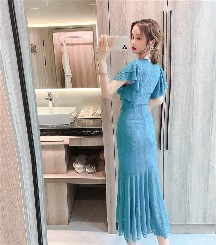 【dress】美人度アップVネックマーメイドワンピース　M17020
