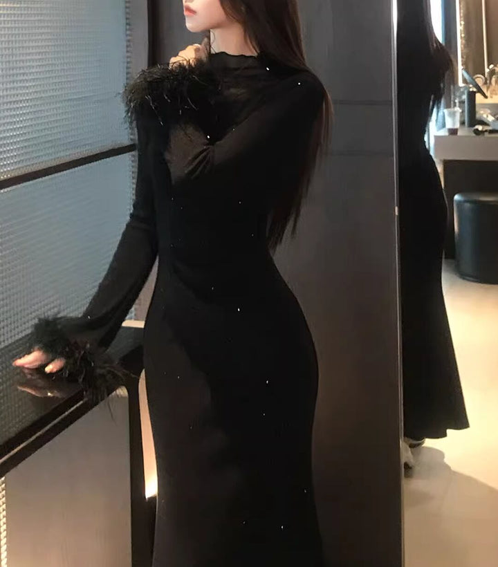 【dress】袖ファーチュールドッキングニットワンピース Q7559