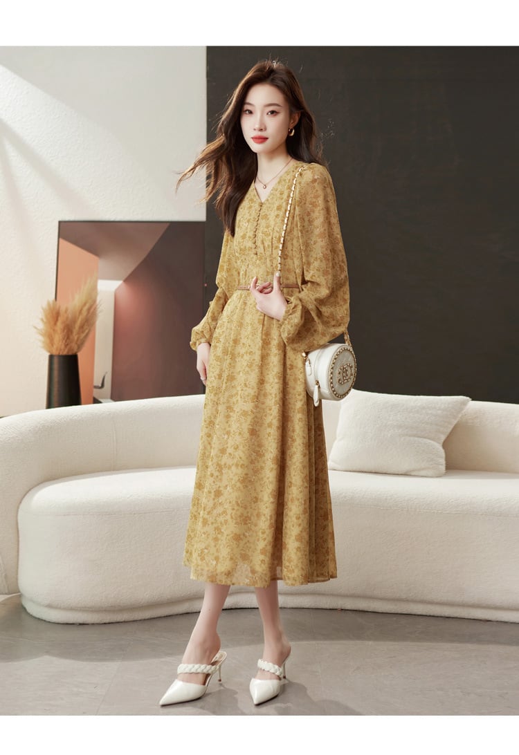 【dress】輝いて超人気 ! Vネック花柄ワンピースベルト付き　M17029