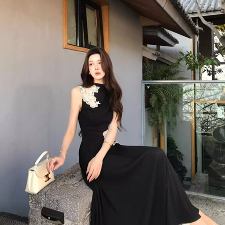 【dress】レースドッキングノースリーブニットワンピース Q8403