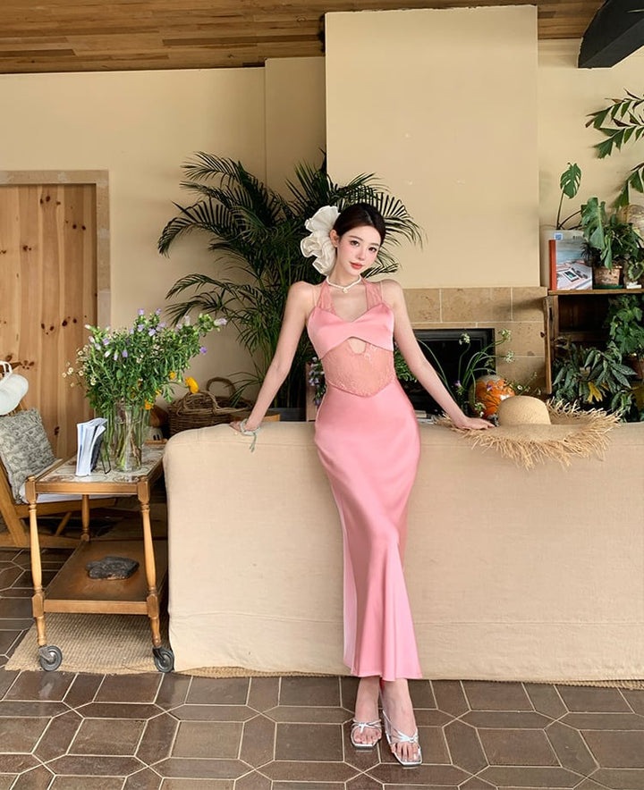 【dress】レースドッキングロングホルターネックワンピース Q7581