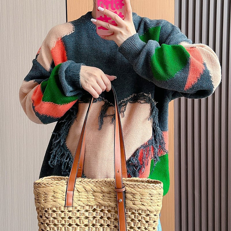 【tops】クルーネック切り替えニットセーター　M18105