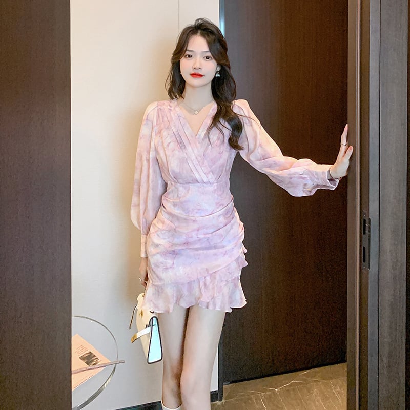 【dress】大人らしい Vネックマーメイド花柄ワンピース　M17259